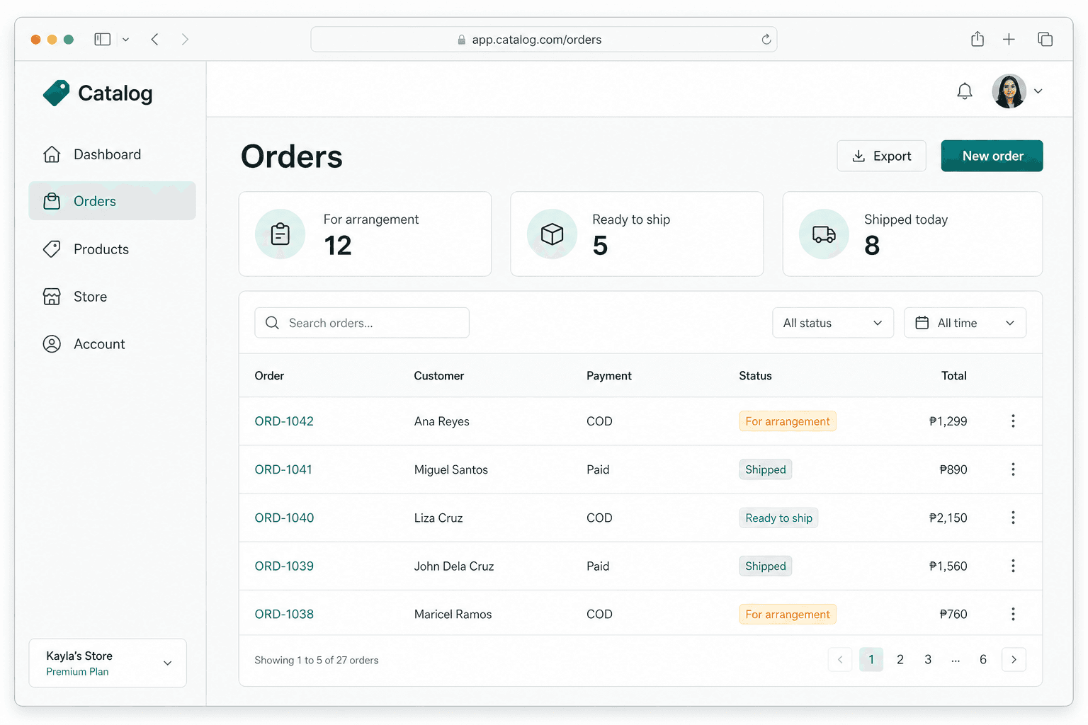 Catalog merchant orders dashboard